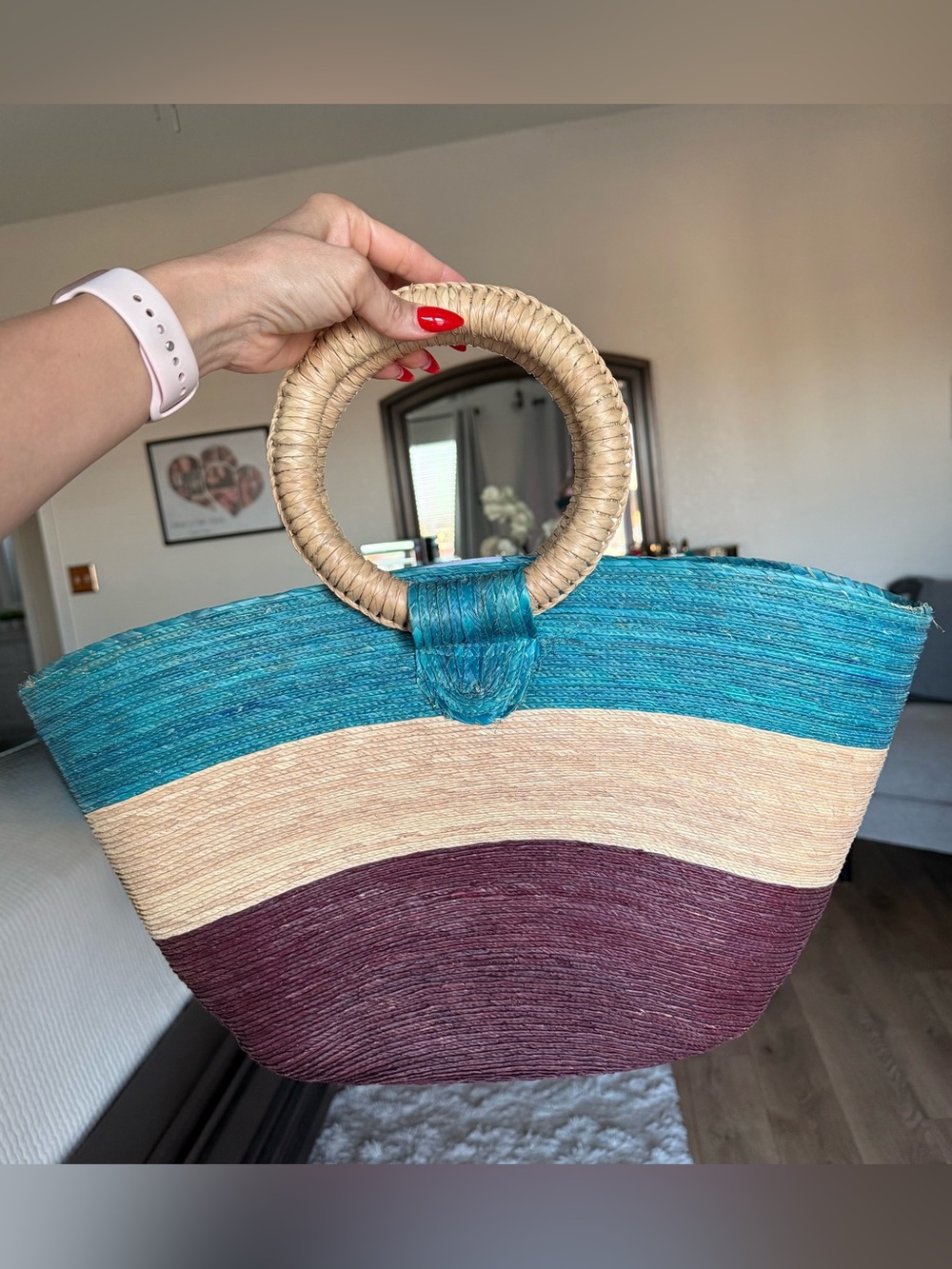 Vintage Woven Straw Colorblock Wicker Tote Bag Ring Top Handle